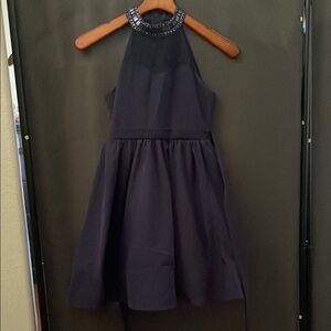 Navy blue Halter Dress with Embellished Neckline